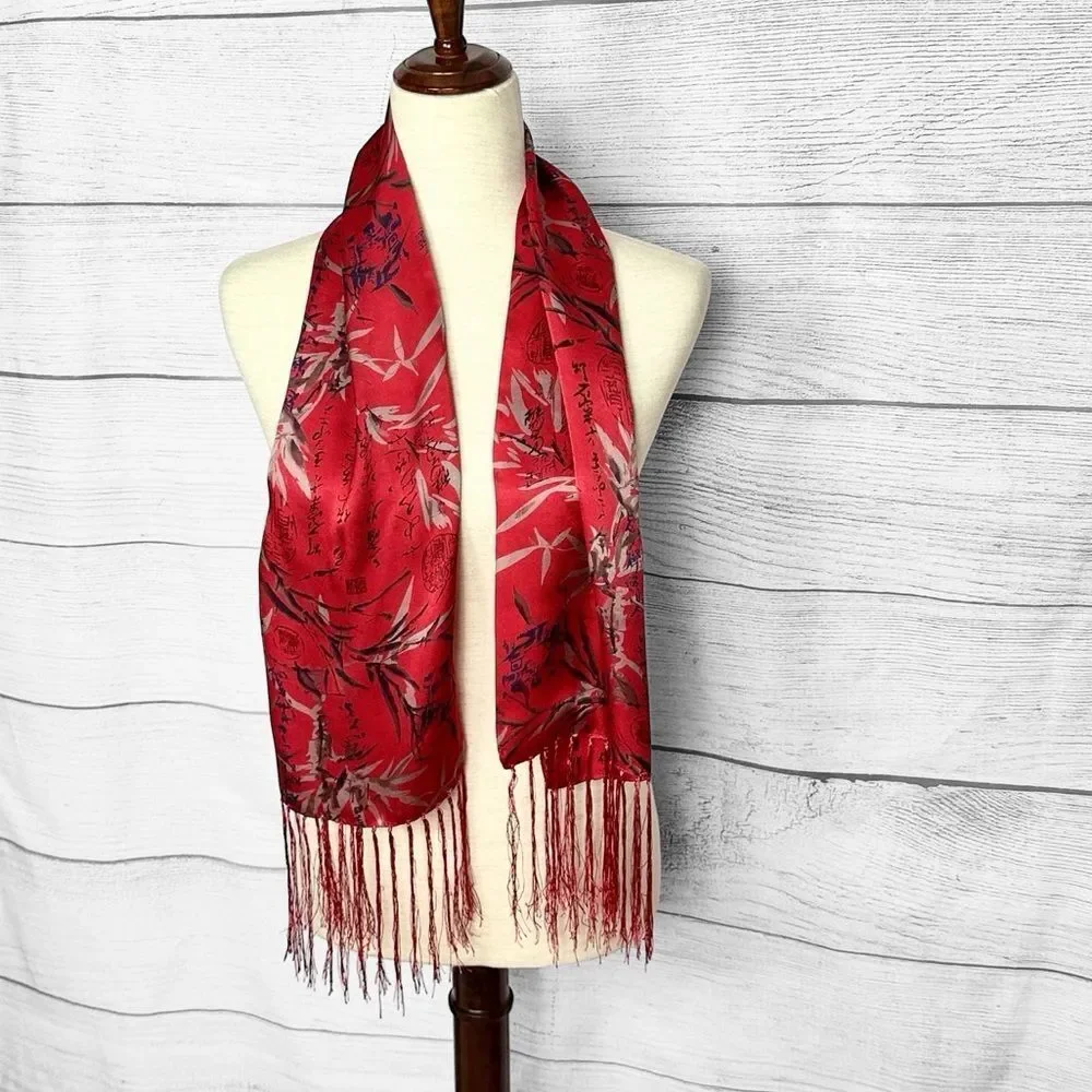 Men's Red Doubled Silk Scarf Hieroglyphs and Floral Bamboo Design Fringed